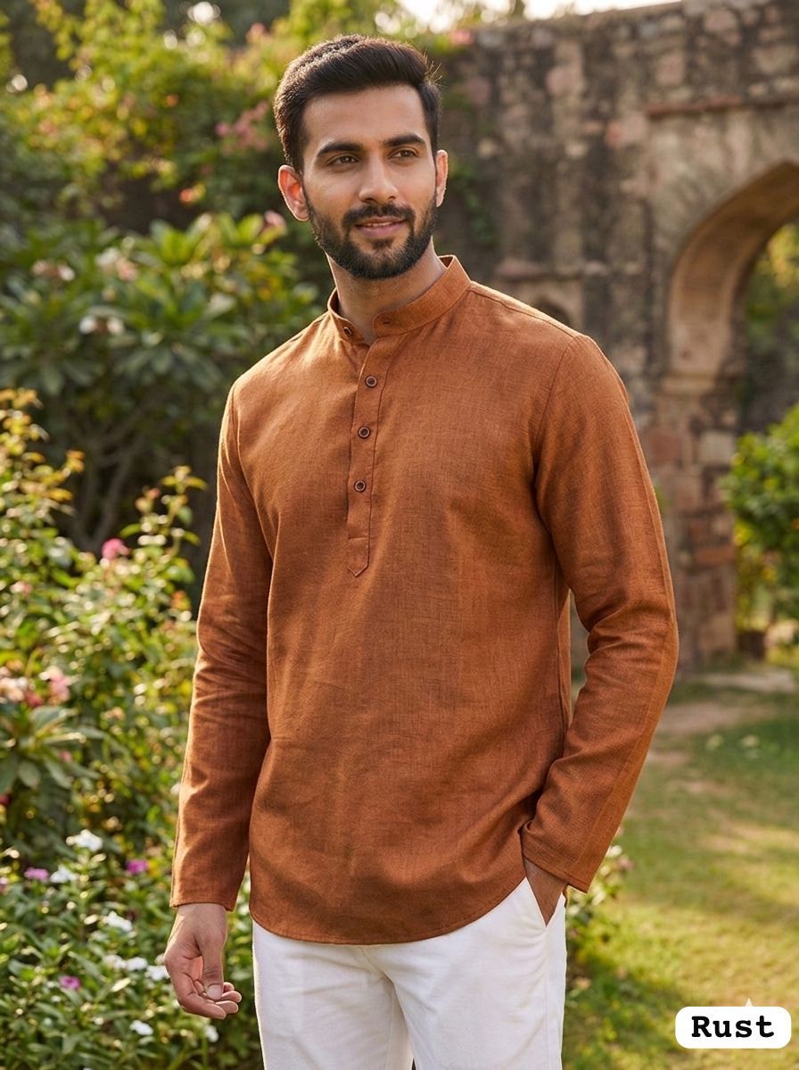 Lekha LI Wooden Tradition Khadi Linen Daily Wear Short Mens Kurta