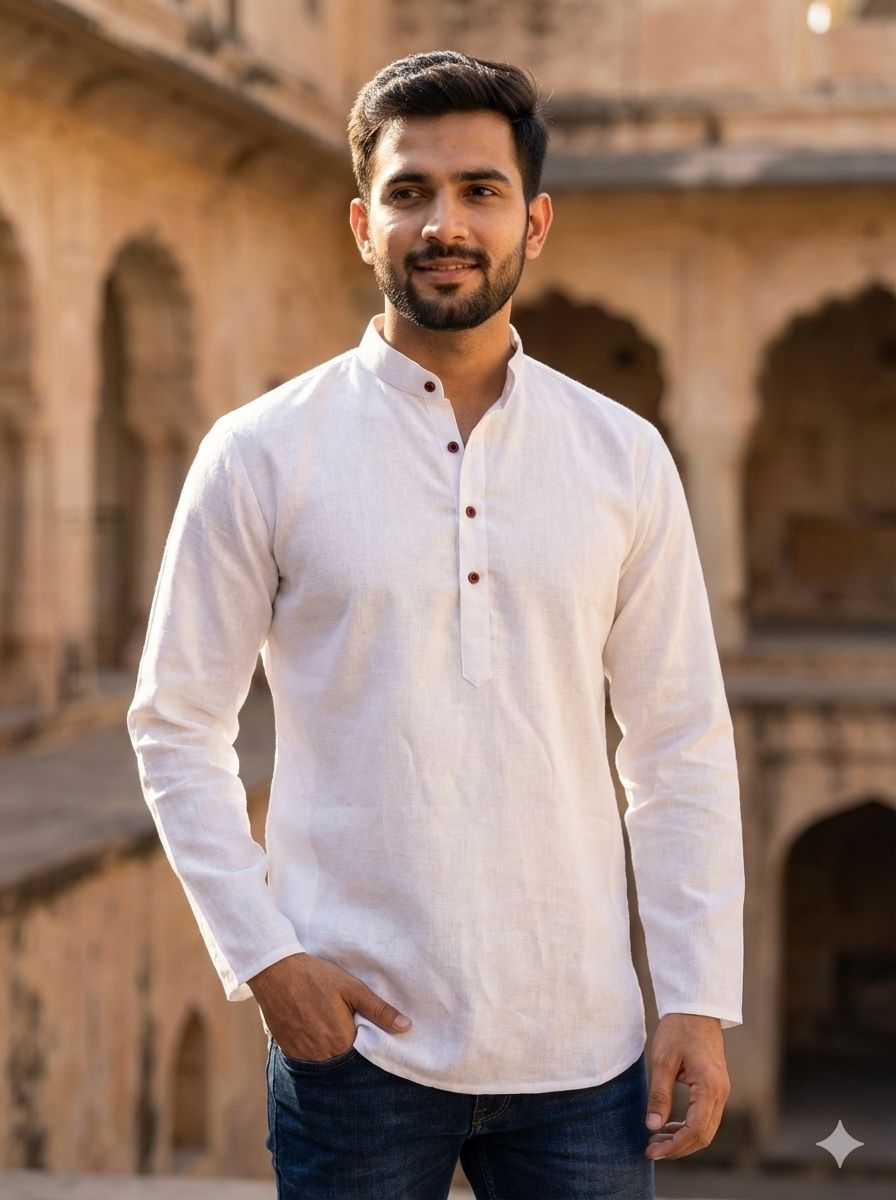 Lekha LI Wooden Tradition Khadi Linen Daily Wear Short Mens Kurta