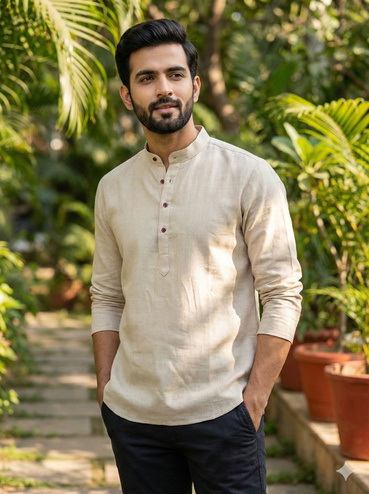 Lekha LI Wooden Tradition Khadi Linen Daily Wear Short Mens Kurta