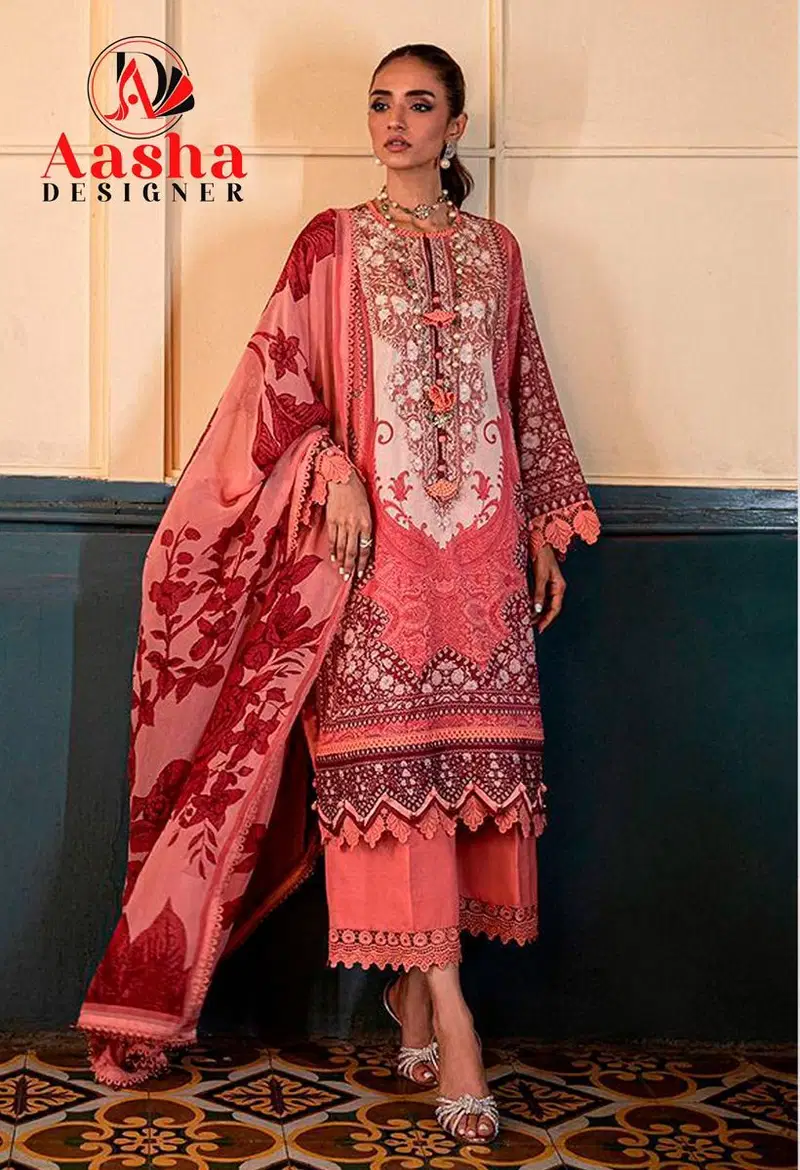 Aasha 1034 Chiffon Dupatta Cotton Printed Embroidery Worked Pakistani Salwar Kameez