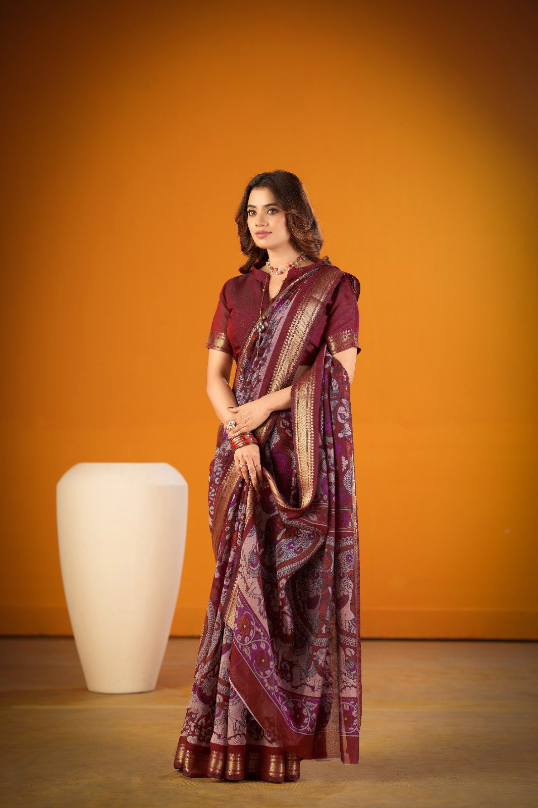 Lekha Yf Viranshi 01 Polyster Viscose Chanderi Kalamkari Print Zari Weaving Saree