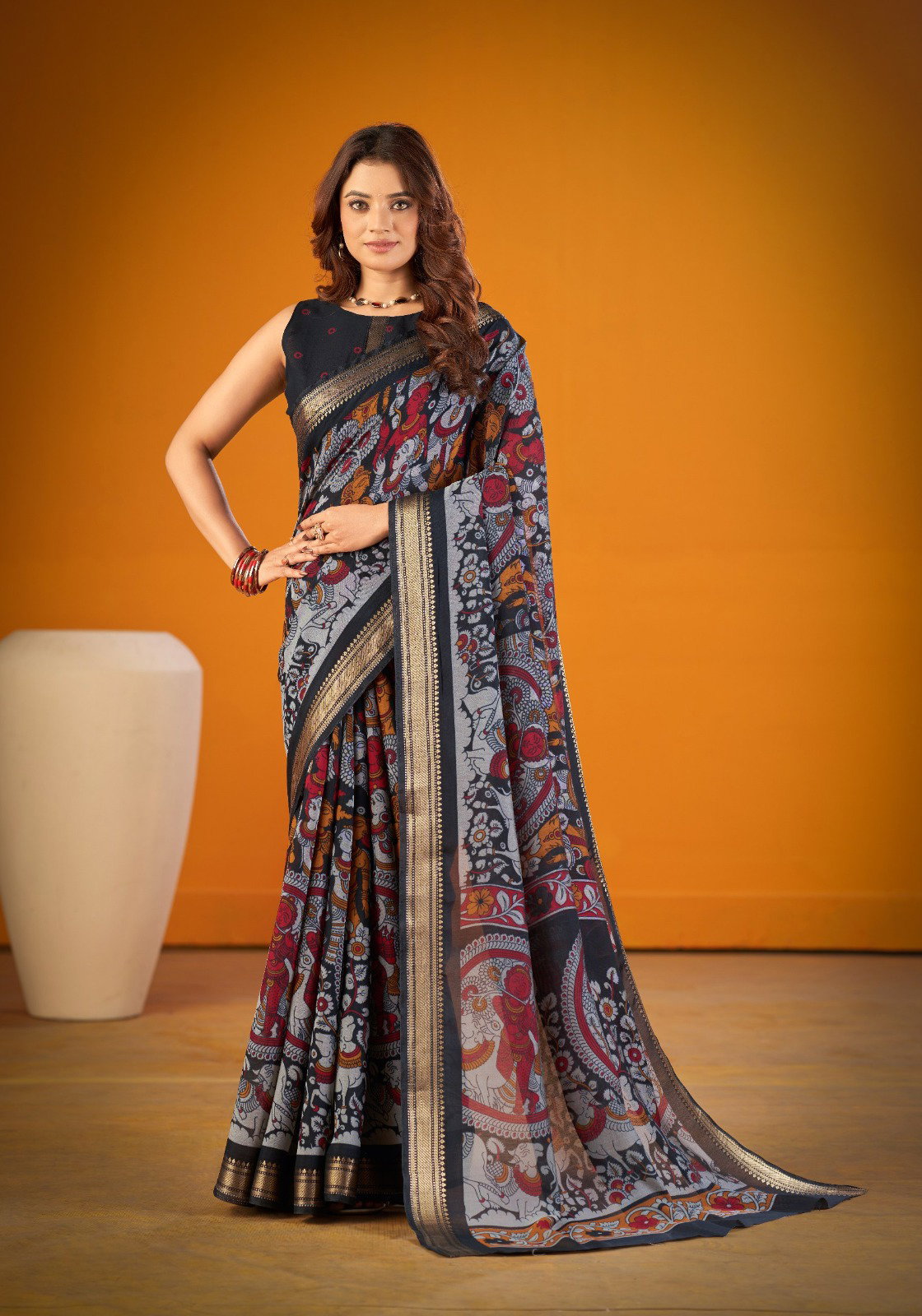Lekha Yf Viranshi 01 Polyster Viscose Chanderi Kalamkari Print Zari Weaving Saree
