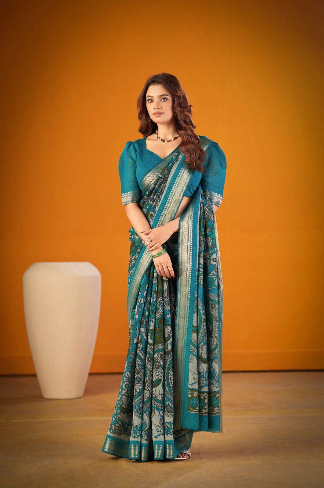 Lekha Yf Viranshi 01 Polyster Viscose Chanderi Kalamkari Print Zari Weaving Saree