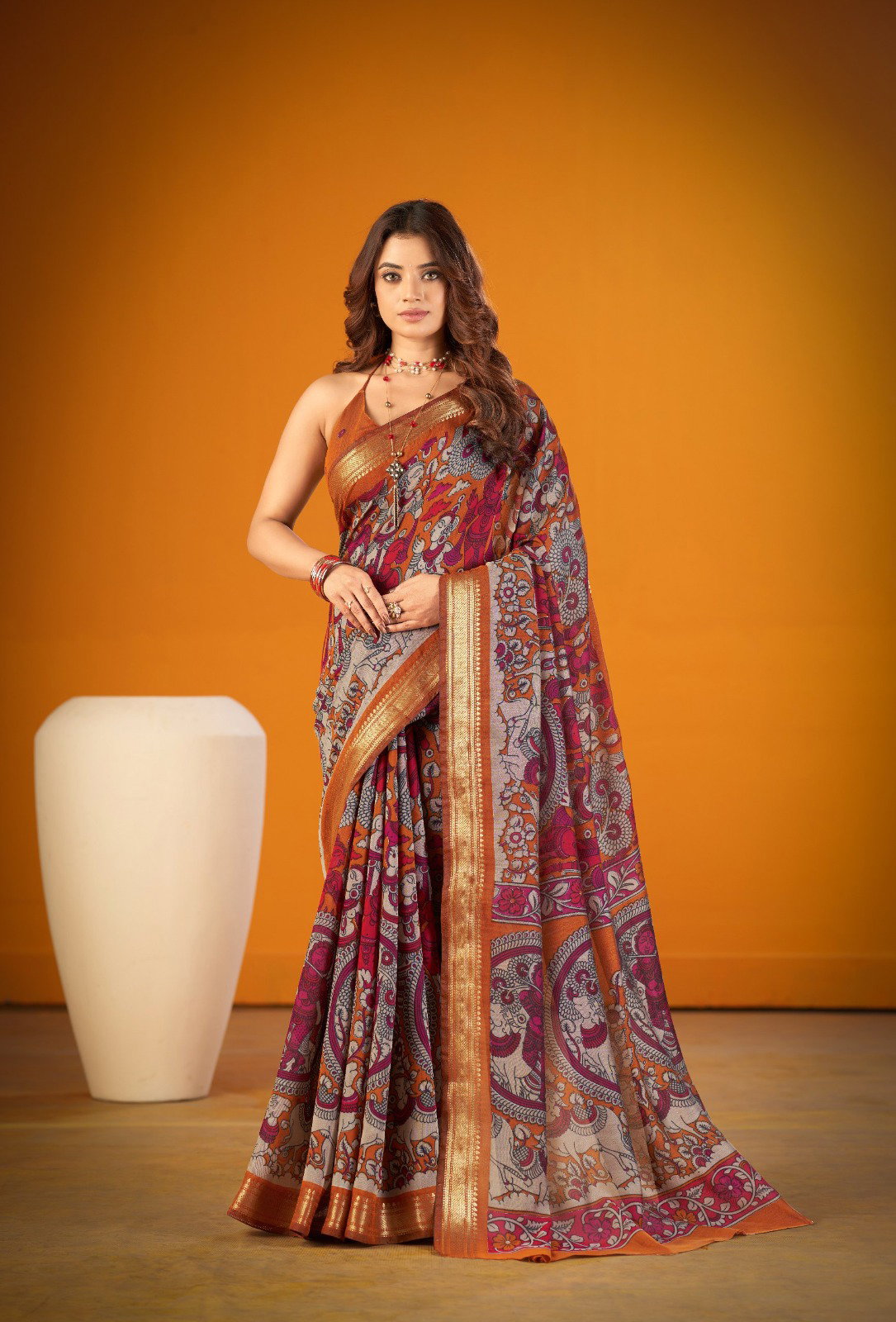 Lekha Yf Viranshi 01 Polyster Viscose Chanderi Kalamkari Print Zari Weaving Saree