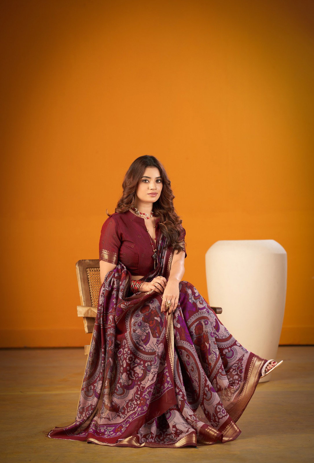 Lekha Yf Viranshi 01 Polyster Viscose Chanderi Kalamkari Print Zari Weaving Saree