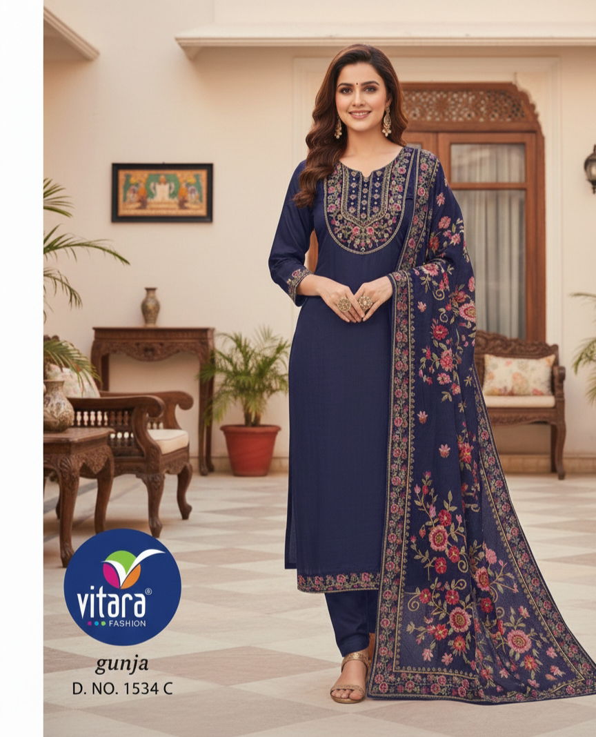 Vitara Gunja Chinon Satin With Embroidered Designer Kurti With Bottom Dupatta