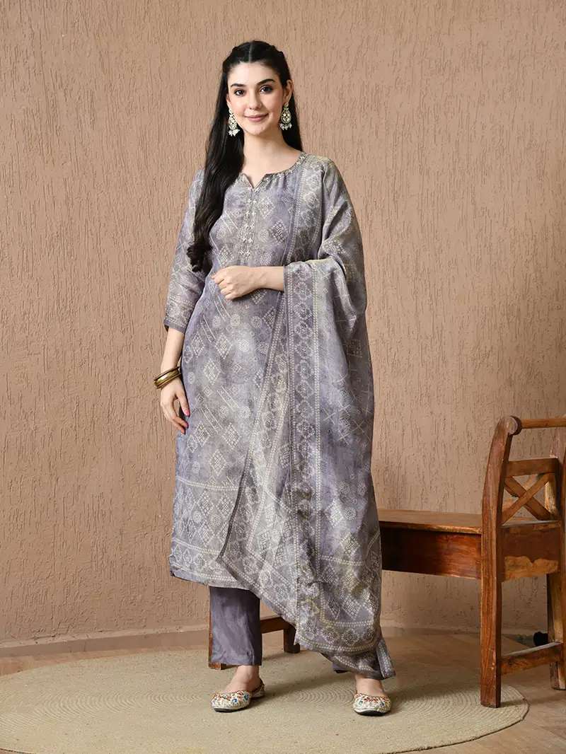 Hr R 1156 Shimmer Bandhani Printed Kurti With Pant Dupatta