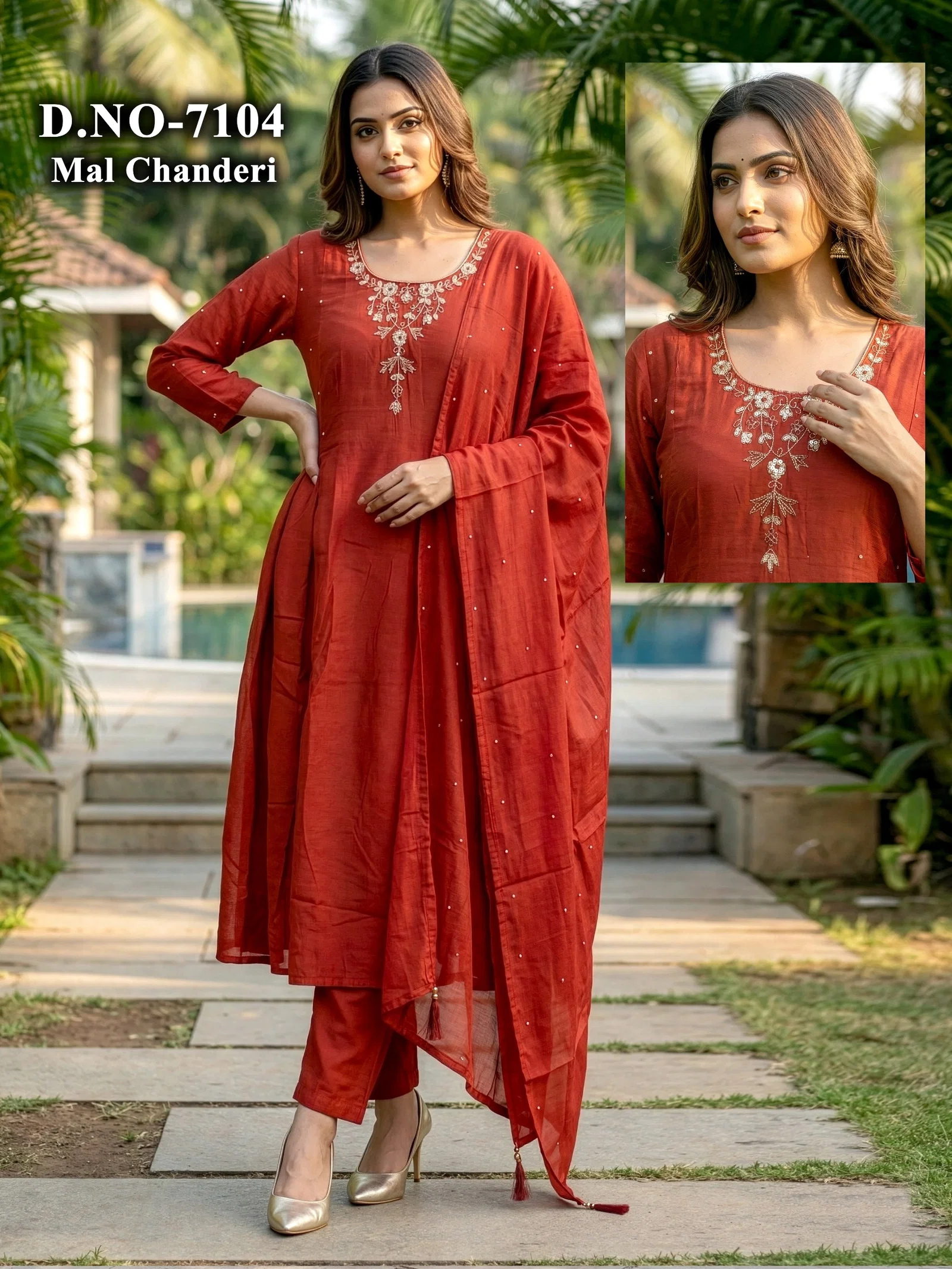 Dnp 7109 Mul Chanderi Kurti WIth Pent And Dupatta Set
