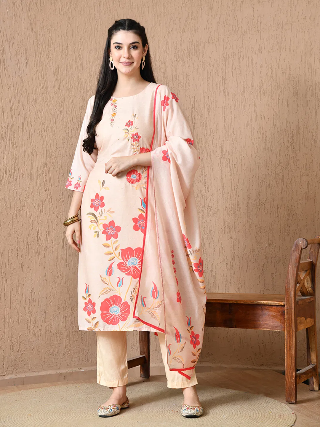 Hr R 1267 Poly Muslin Floral Printed Kurti With Pant Dupatta
