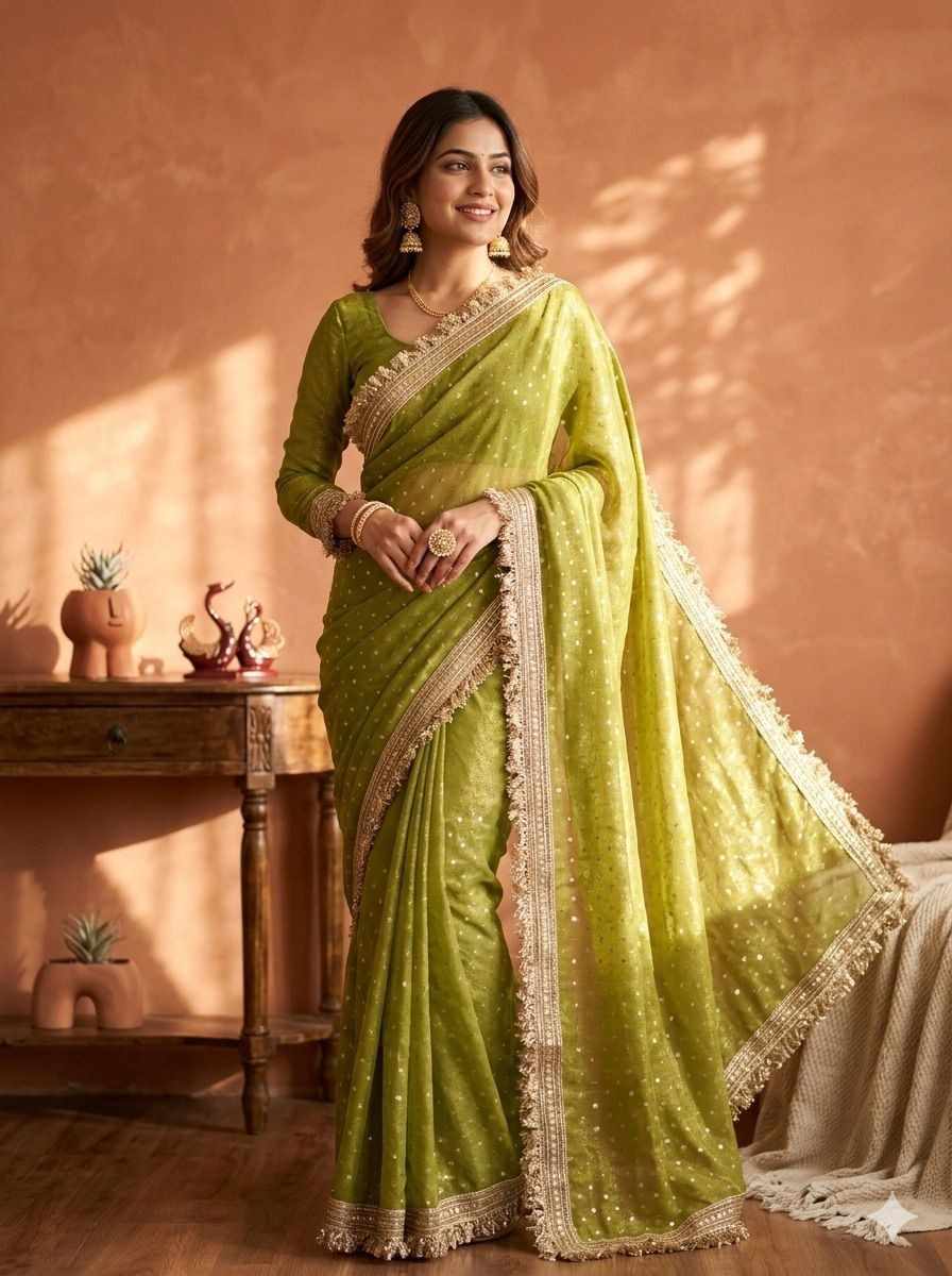 Kc 2098 Moss Silk Jacquard Butti Worked Designer Saree Collection