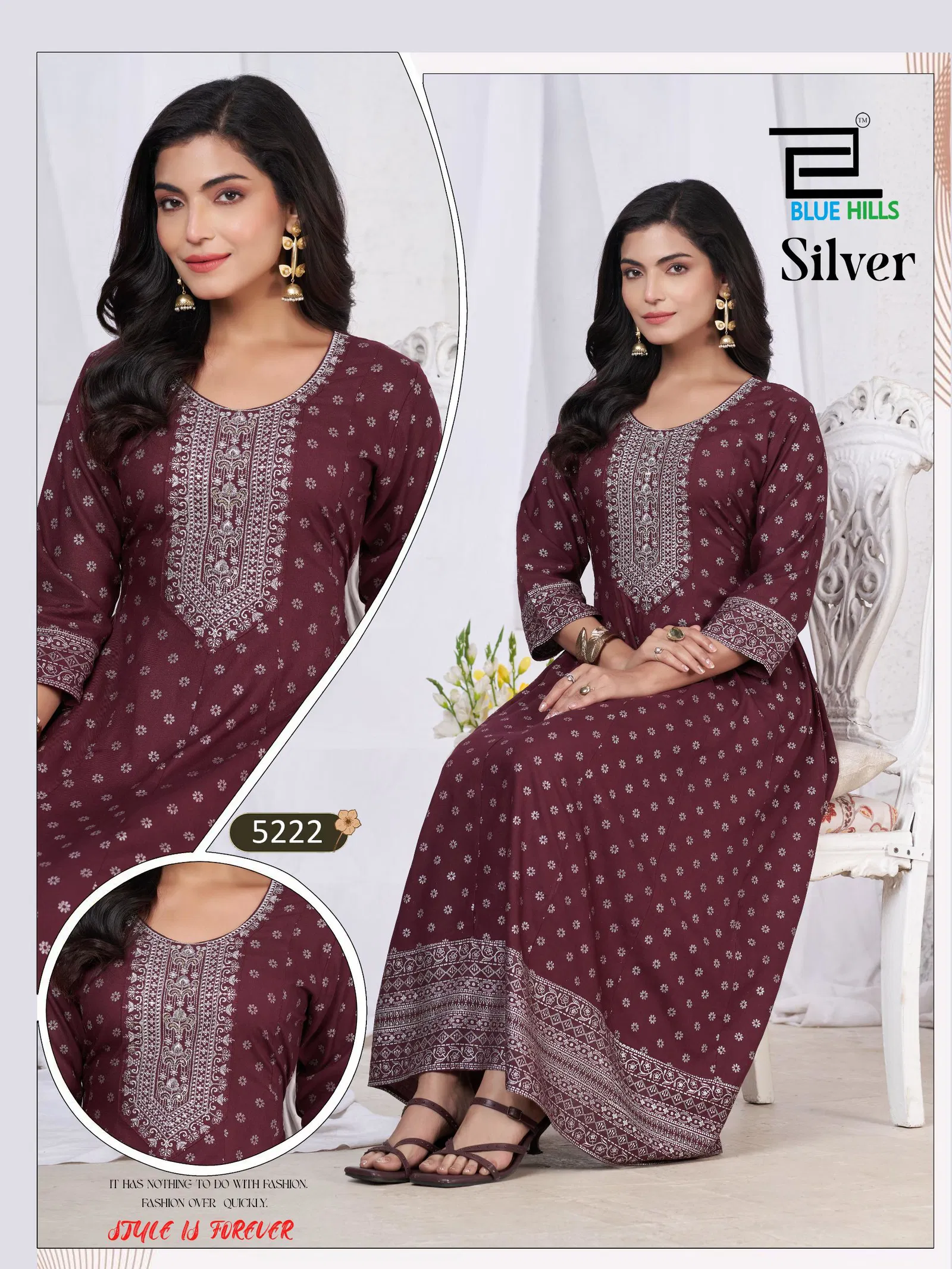 Blue Hills Silver Rayon Anarkali Embroidered Kurti Collection