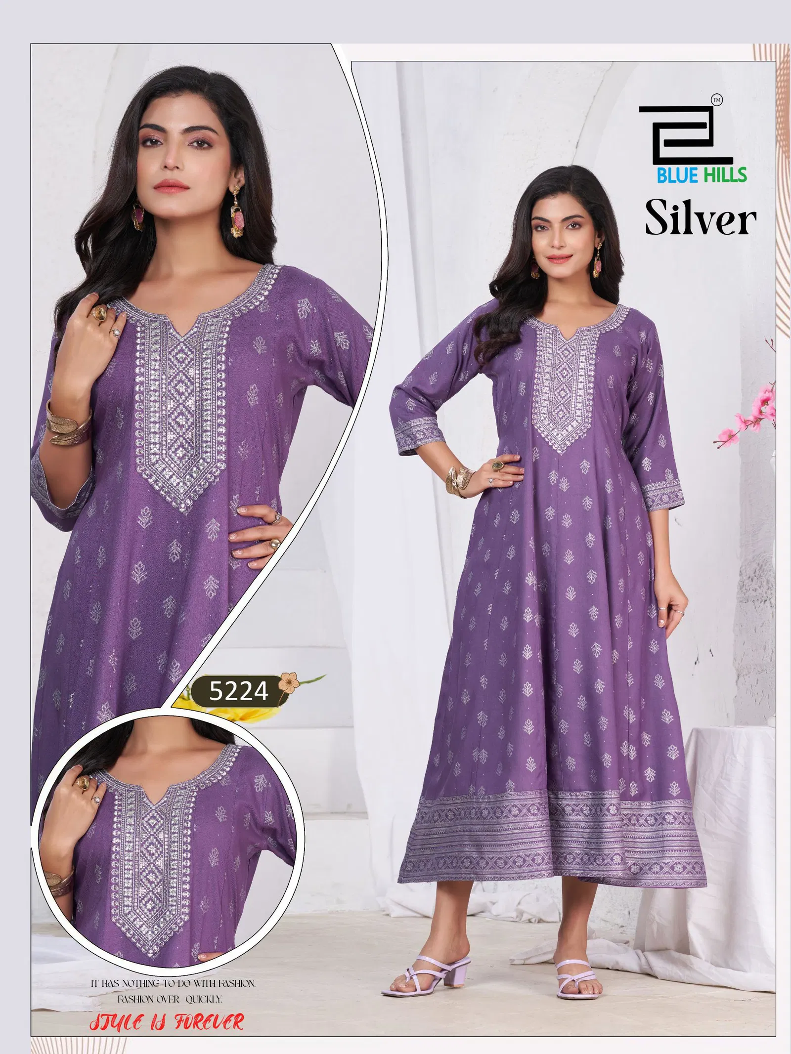 Blue Hills Silver Rayon Anarkali Embroidered Kurti Collection