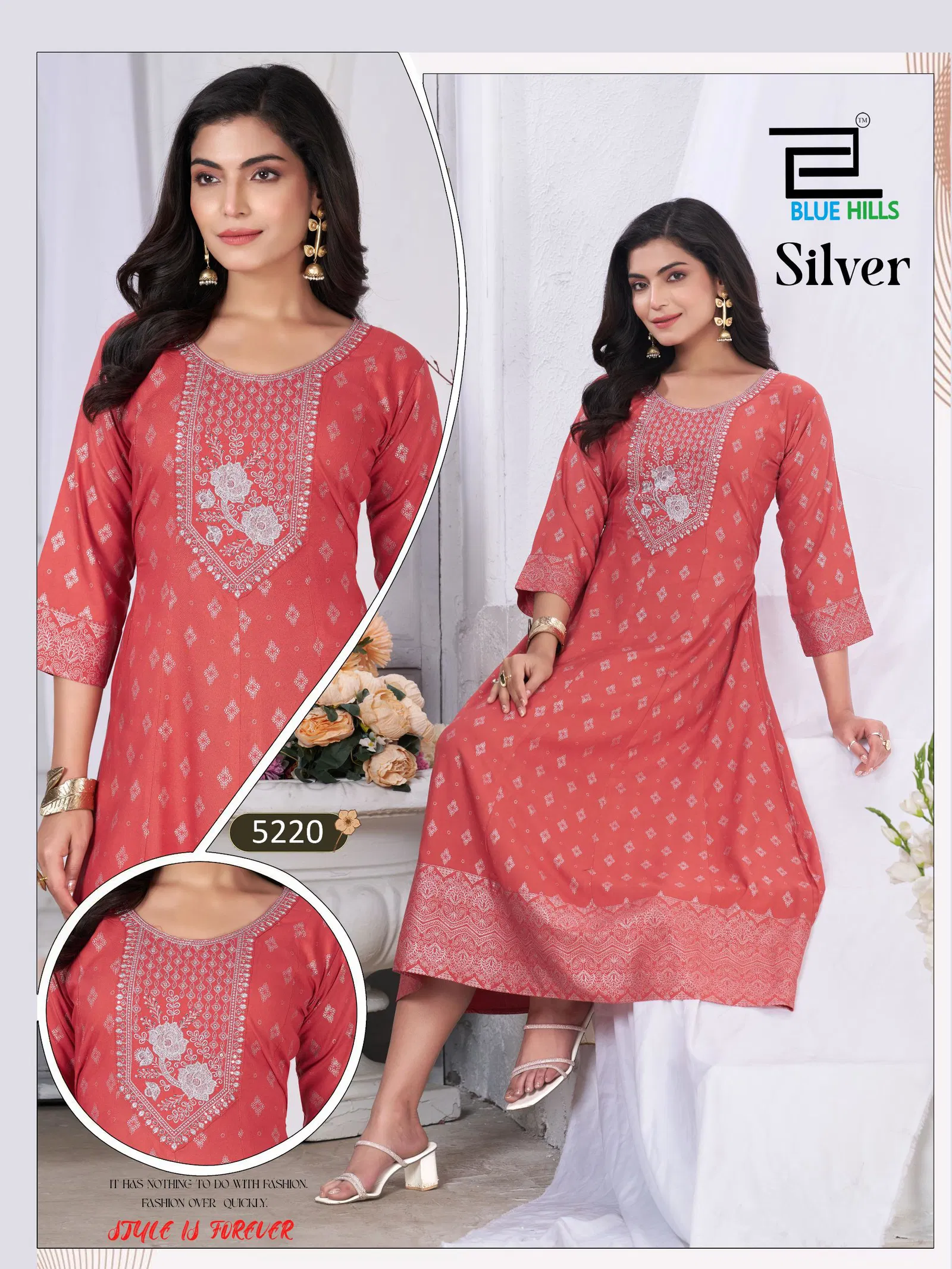 Blue Hills Silver Rayon Anarkali Embroidered Kurti Collection