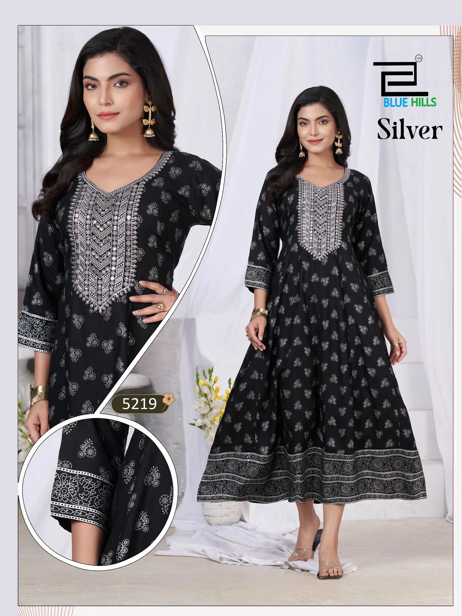 Blue Hills Silver Rayon Anarkali Embroidered Kurti Collection