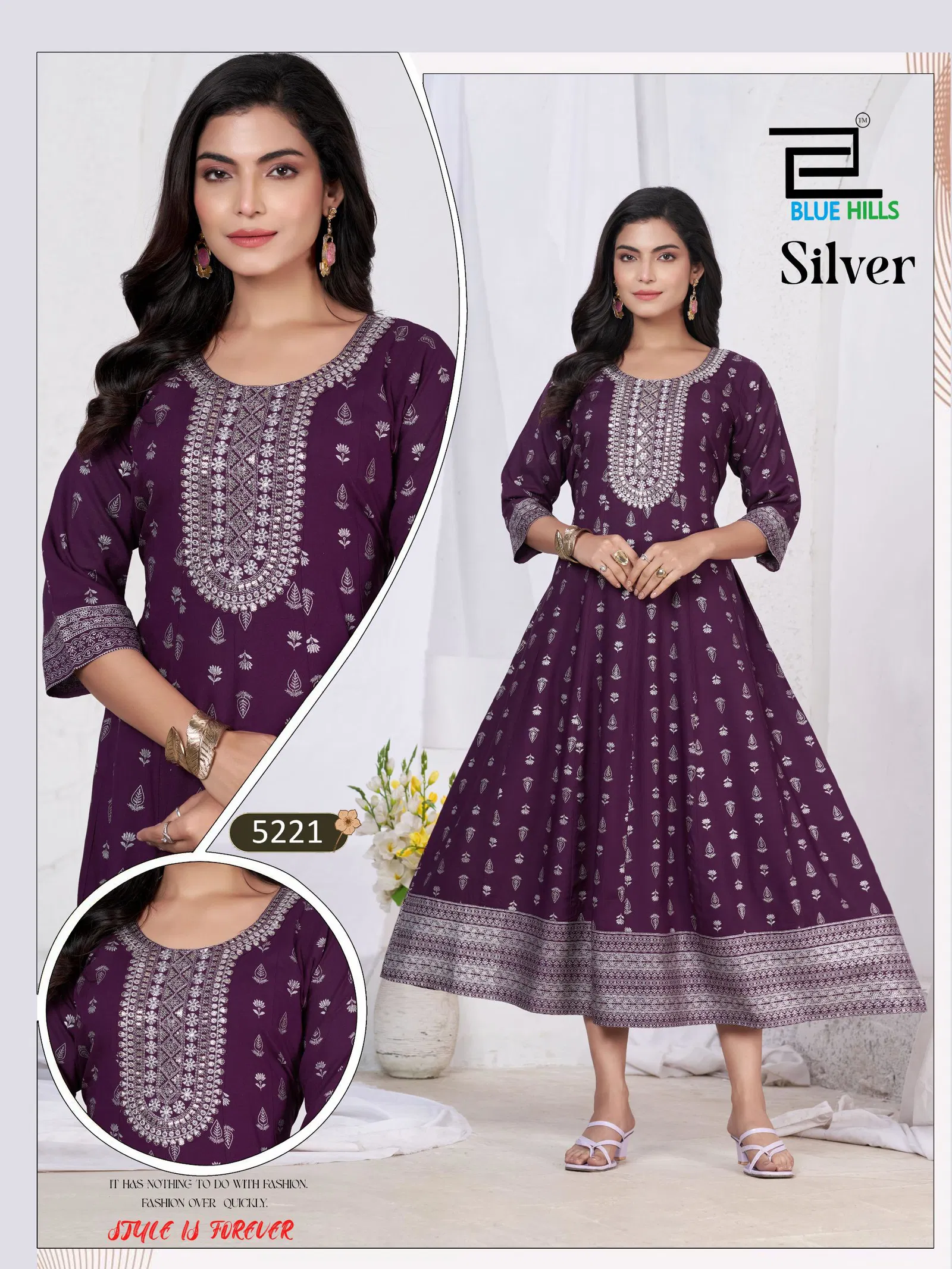 Blue Hills Silver Rayon Anarkali Embroidered Kurti Collection
