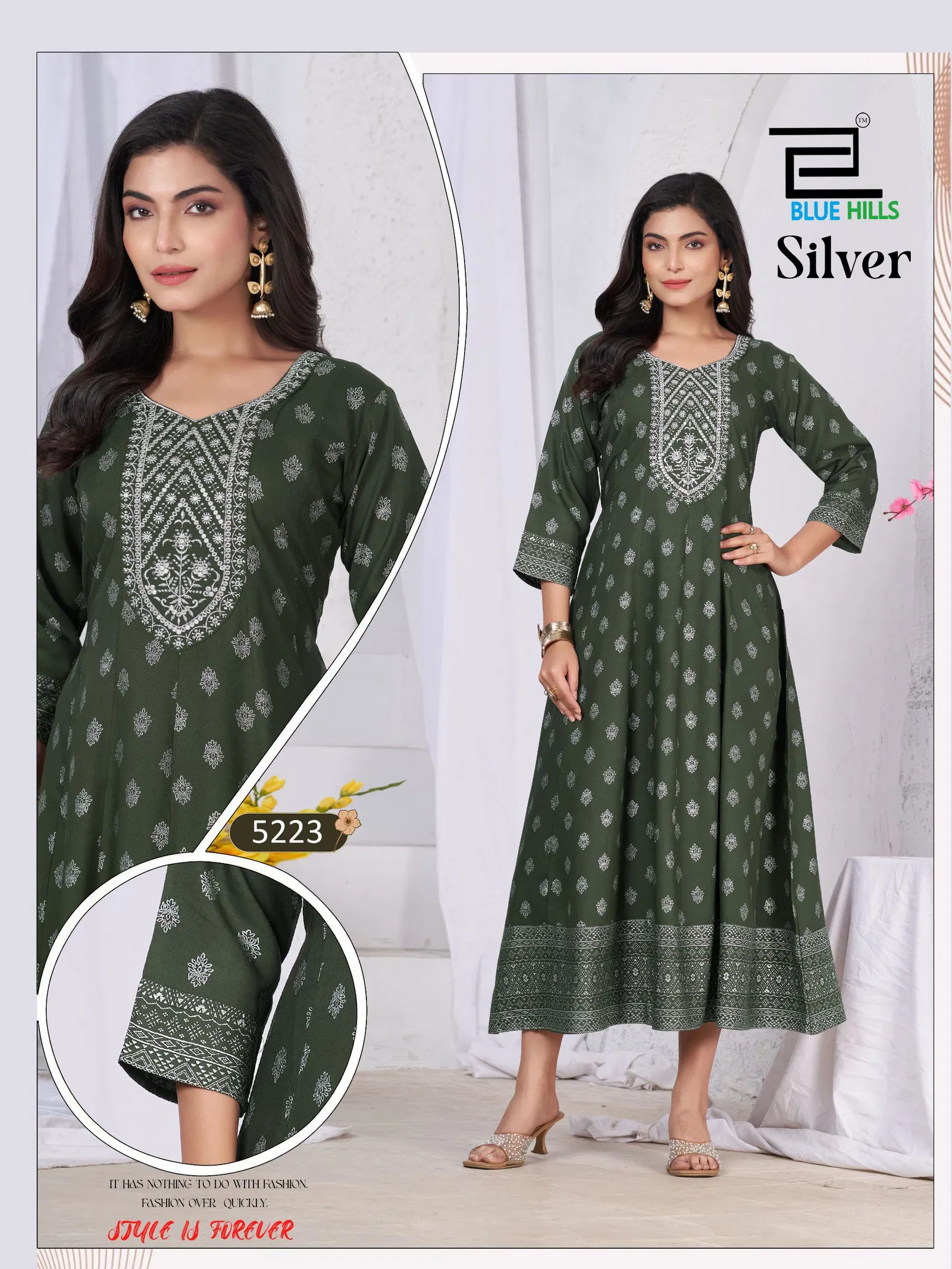 Blue Hills Silver Rayon Anarkali Embroidered Kurti Collection