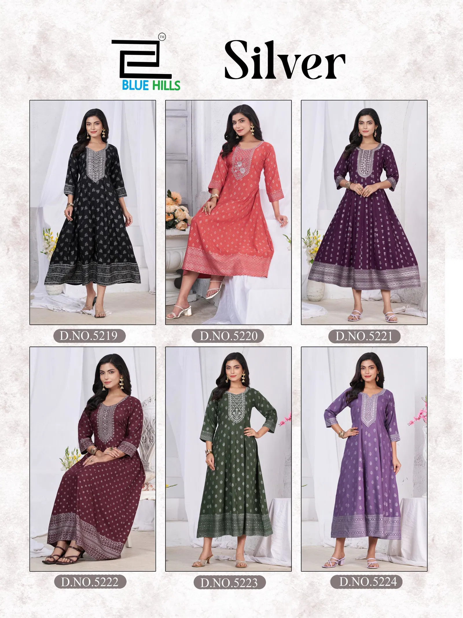 Blue Hills Silver Rayon Anarkali Embroidered Kurti Collection
