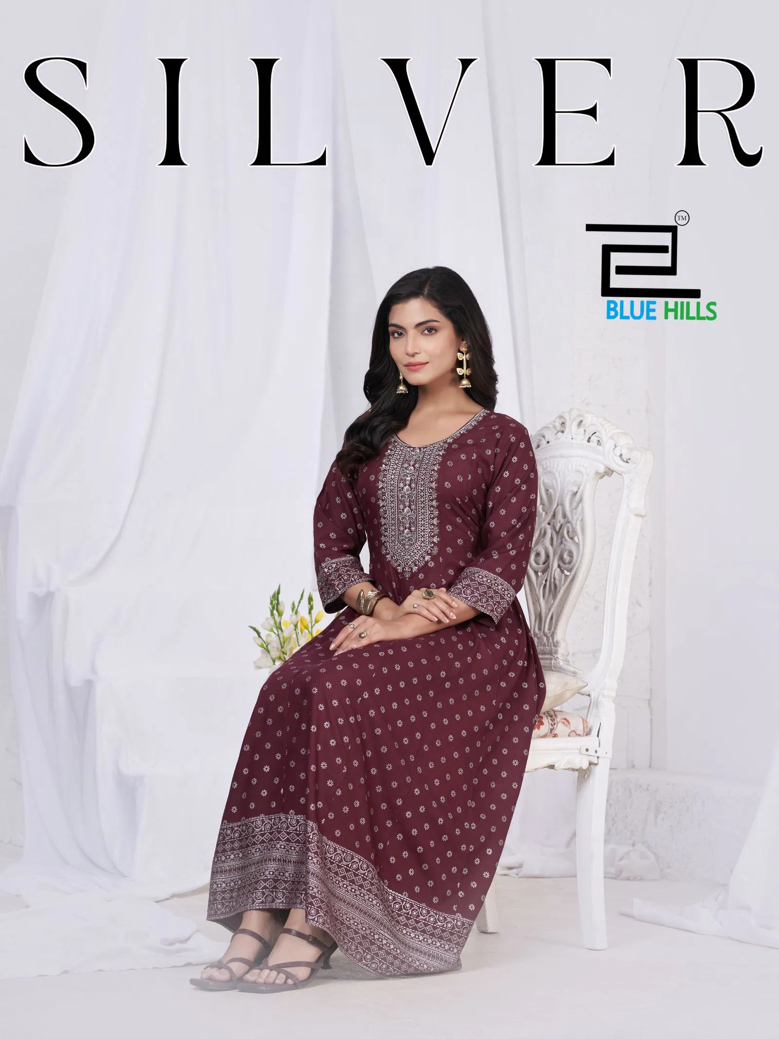 Blue Hills Silver Rayon Anarkali Embroidered Kurti Collection