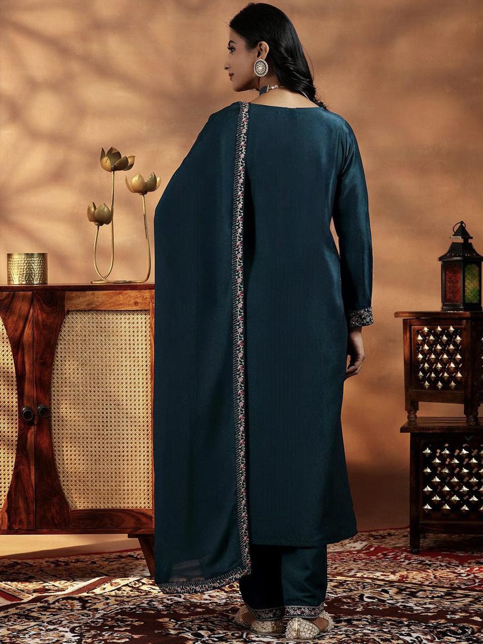 NCO 93 Vichitra Silk Sequins Coading Embroidery Kurti Bottom With Dupatta