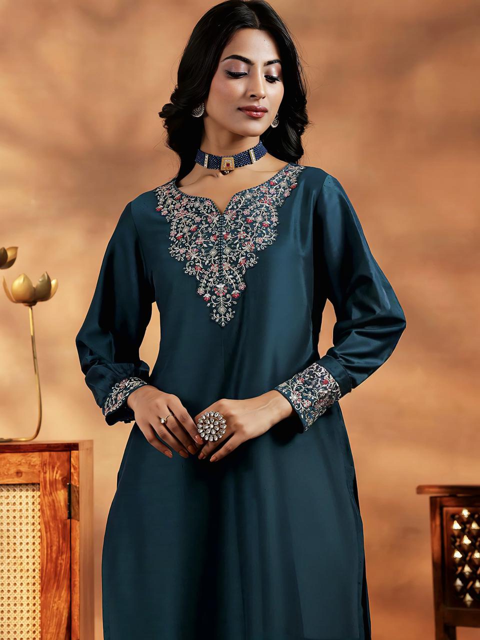 NCO 93 Vichitra Silk Sequins Coading Embroidery Kurti Bottom With Dupatta
