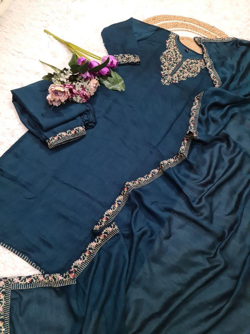 NCO 93 Vichitra Silk Sequins Coading Embroidery Kurti Bottom With Dupatta