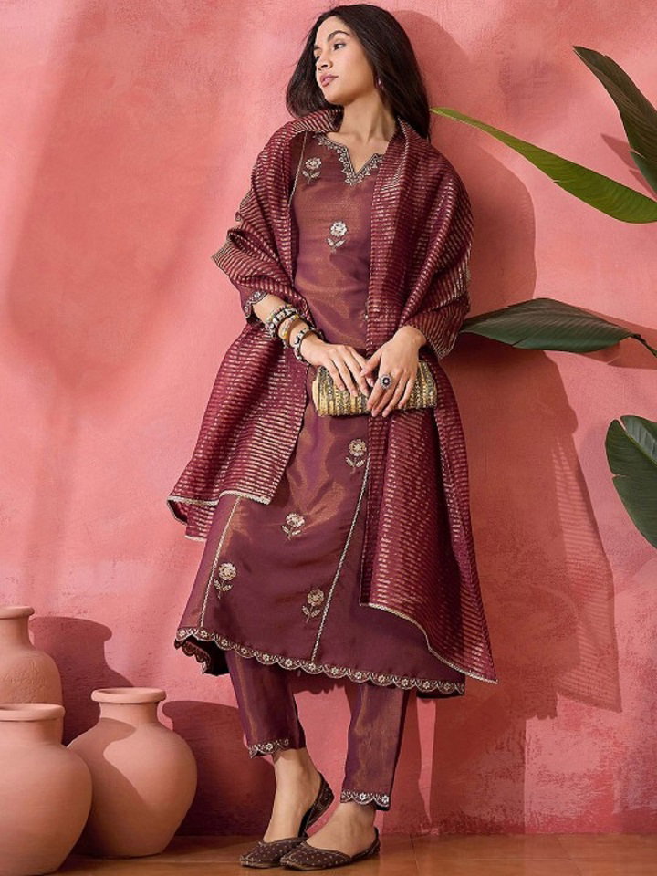 Navya Kurti 227 Party Wear Embroidery Worked Shimmer Silk Blend Top with Pant and Dupatta Set