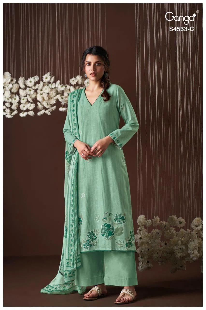 Ganga Hysra S 4533 Cotton Linen With Hand Embroidered Salwar Kameez
