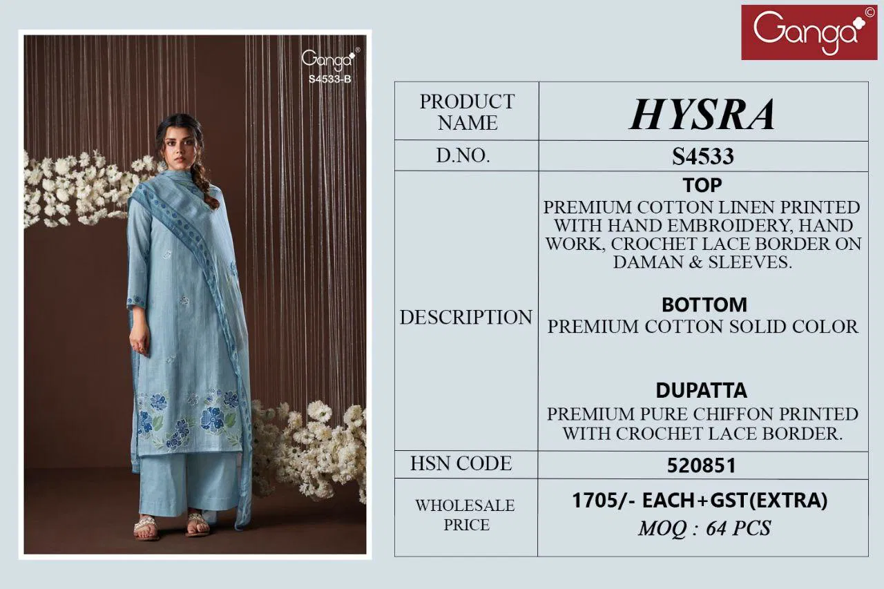 Ganga Hysra S 4533 Cotton Linen With Hand Embroidered Salwar Kameez
