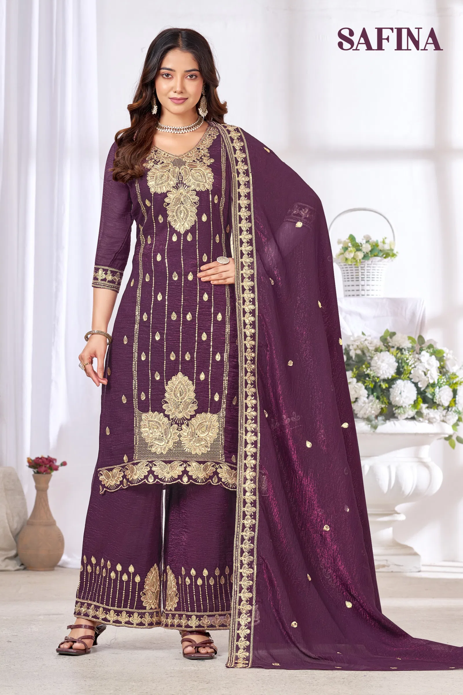 Banwery Safina Chinon With Embroidered Kurti With Bottom Dupatta