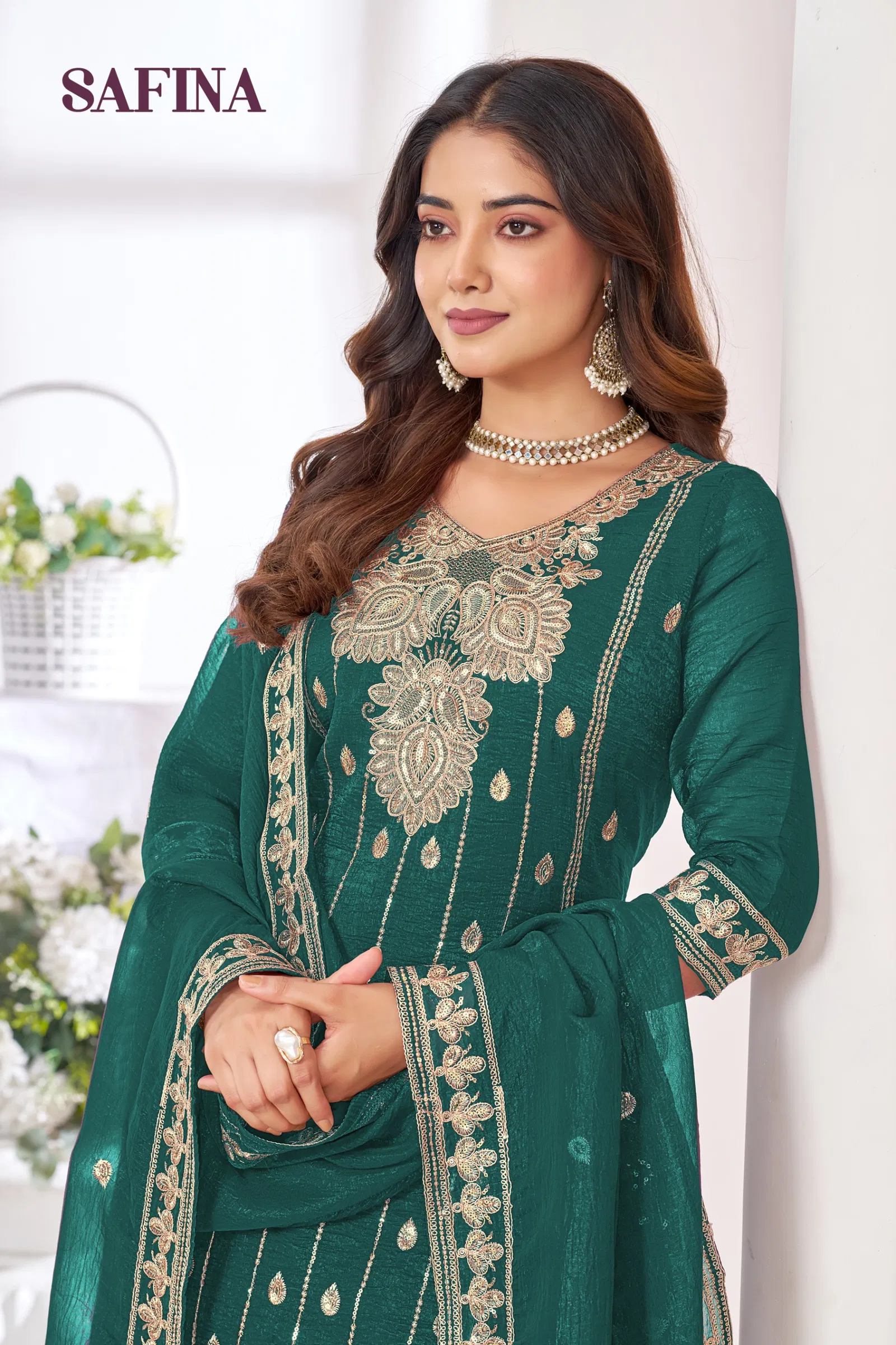 Banwery Safina Chinon With Embroidered Kurti With Bottom Dupatta