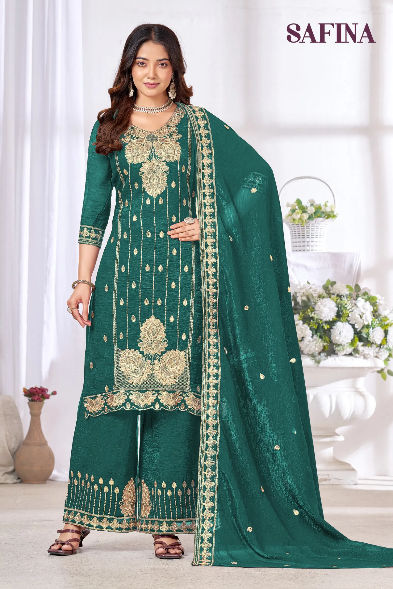 Banwery Safina Chinon With Embroidered Kurti With Bottom Dupatta