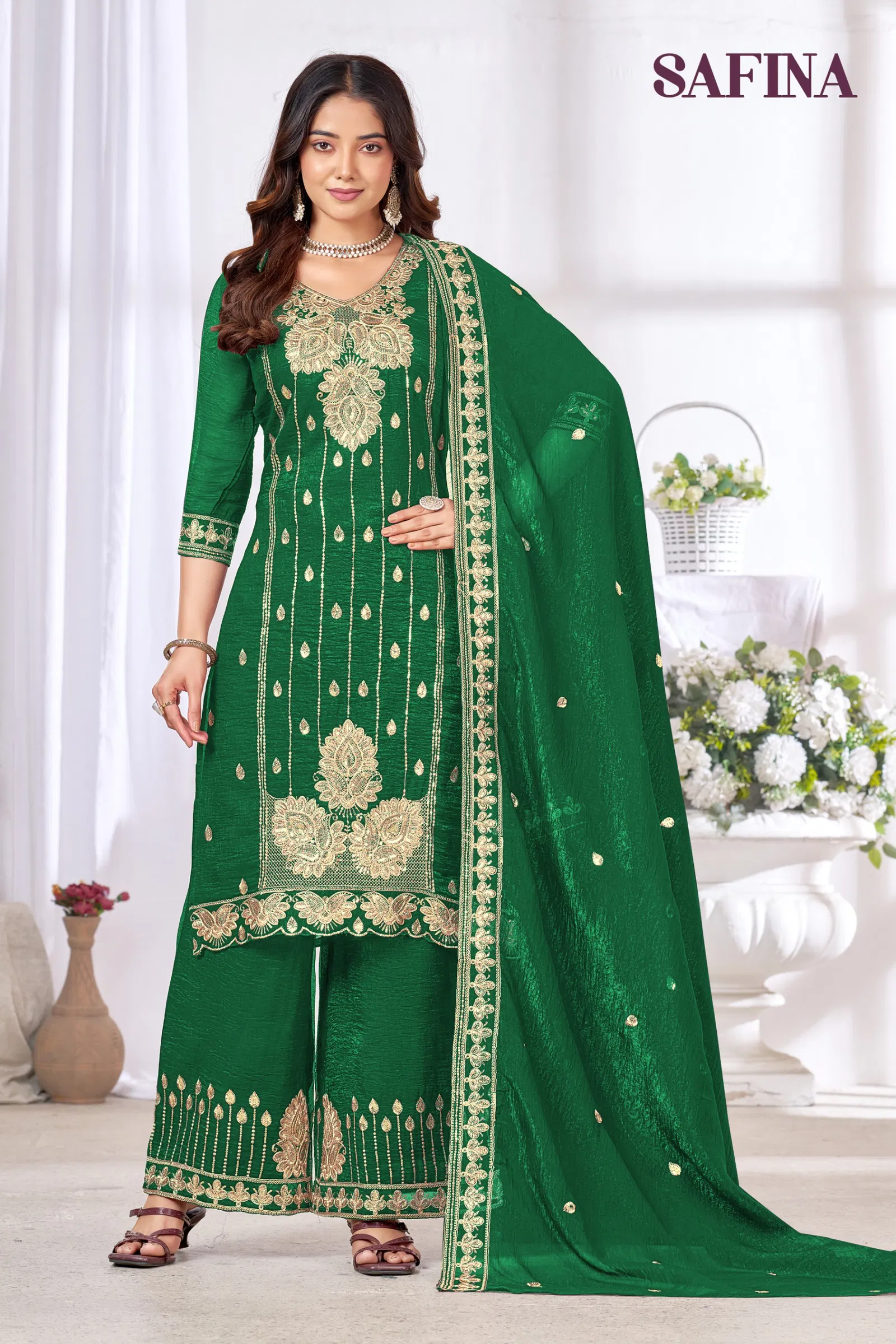 Banwery Safina Chinon With Embroidered Kurti With Bottom Dupatta
