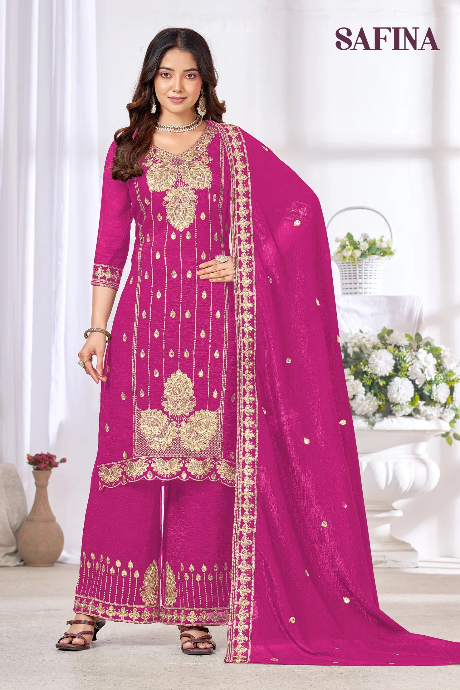 Banwery Safina Chinon With Embroidered Kurti With Bottom Dupatta