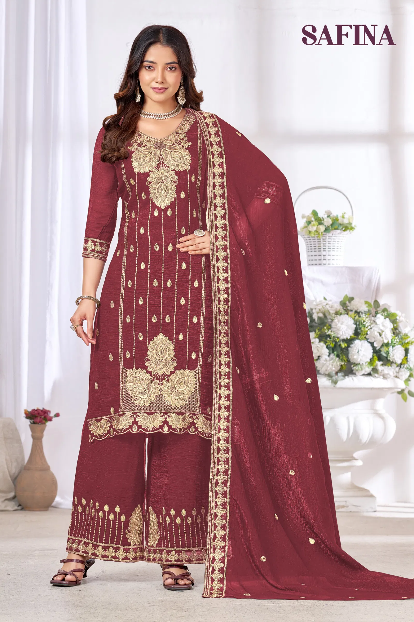 Banwery Safina Chinon With Embroidered Kurti With Bottom Dupatta