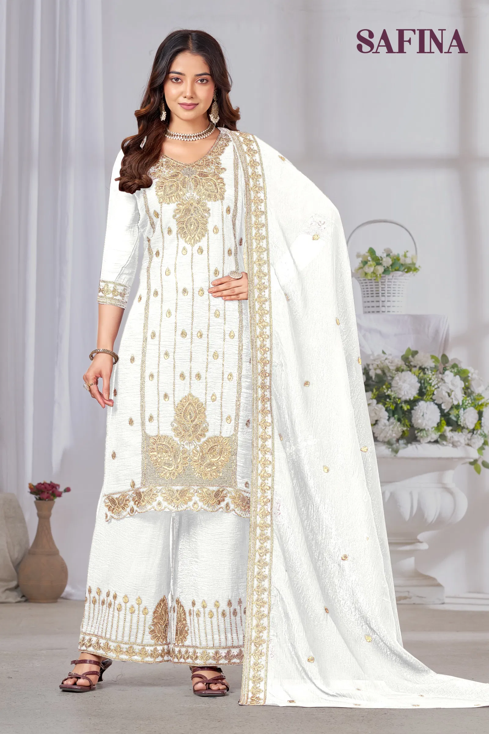 Banwery Safina Chinon With Embroidered Kurti With Bottom Dupatta