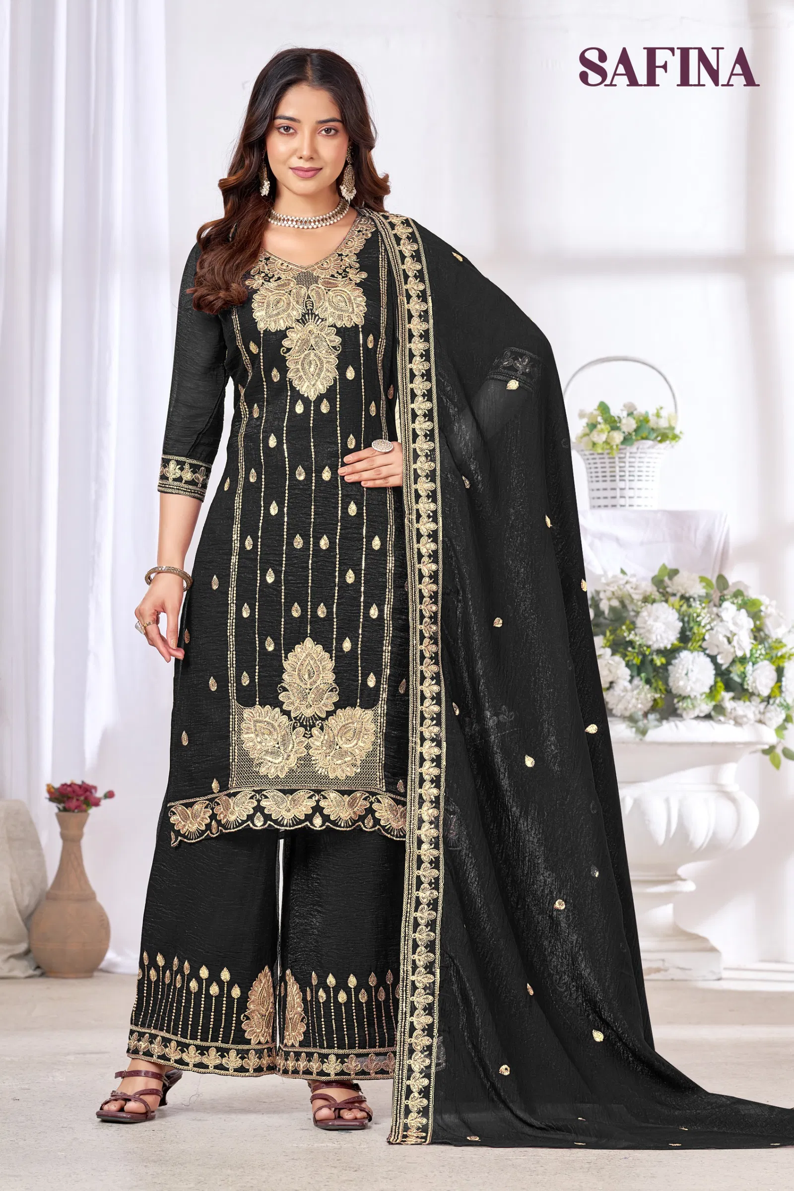 Banwery Safina Chinon With Embroidered Kurti With Bottom Dupatta