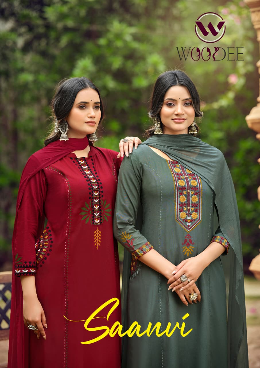 Woodee Saanvi Rayon With Thread Work Kurti With Bottom Dupatta