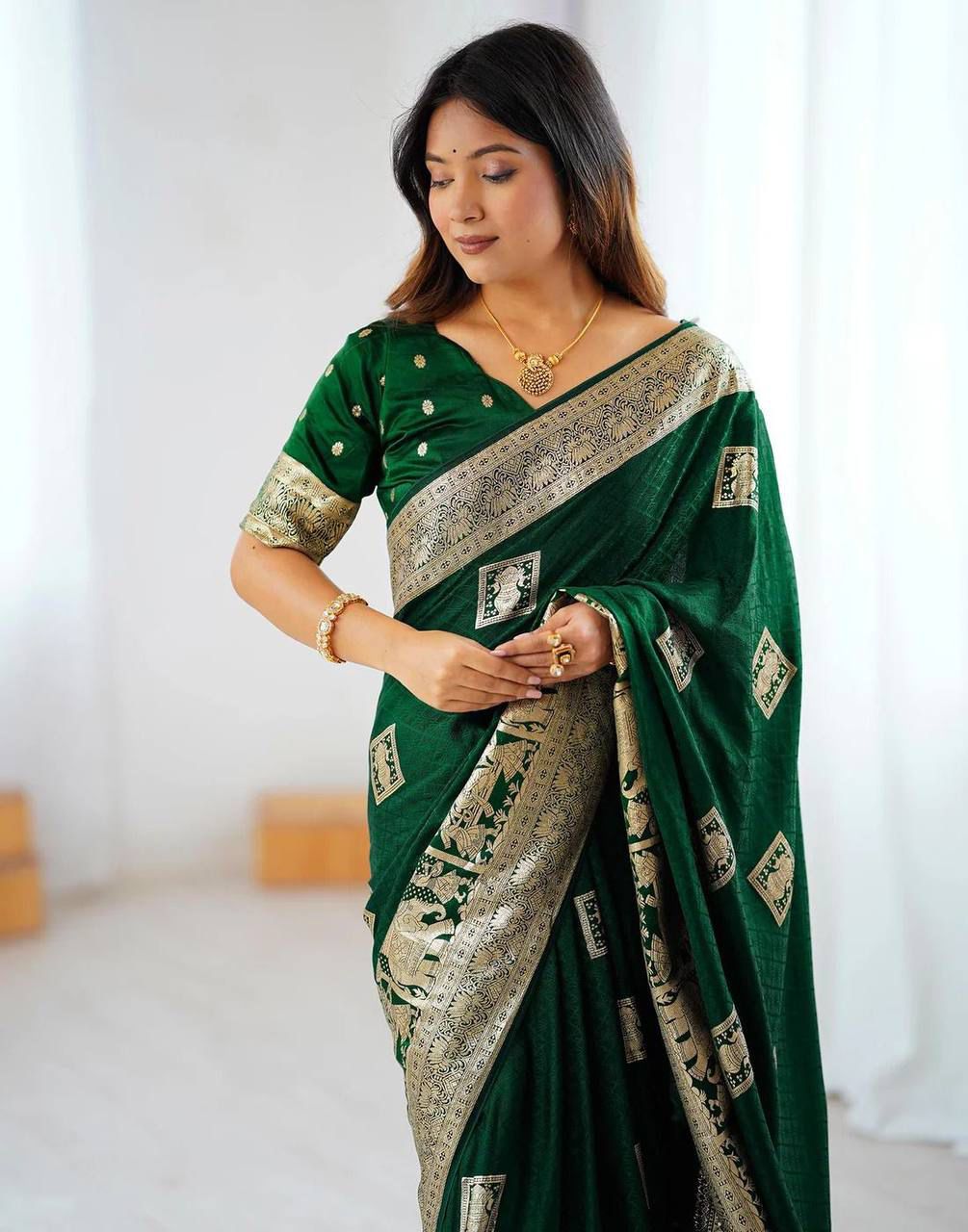 Aab Makhmal Green Soft Silk Jacquard Border Saree