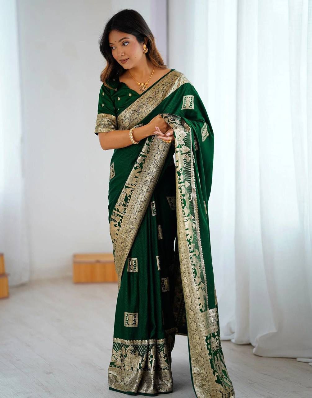 Aab Makhmal Green Soft Silk Jacquard Border Saree