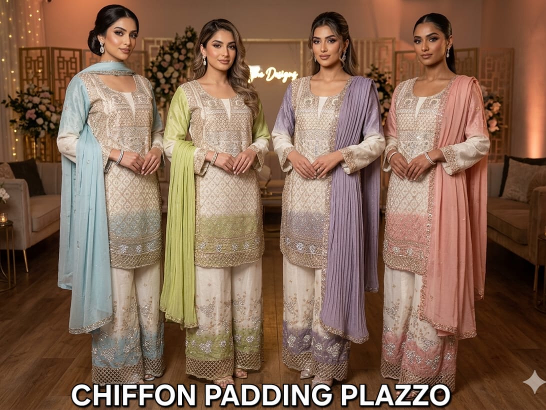 FM Chiffon Padding Plazzo Readymade Top With Plazzo And Dupatta