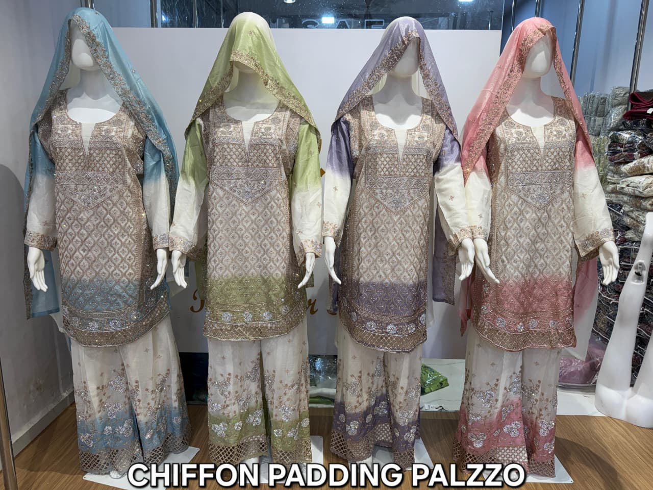 FM Chiffon Padding Plazzo Readymade Top With Plazzo And Dupatta