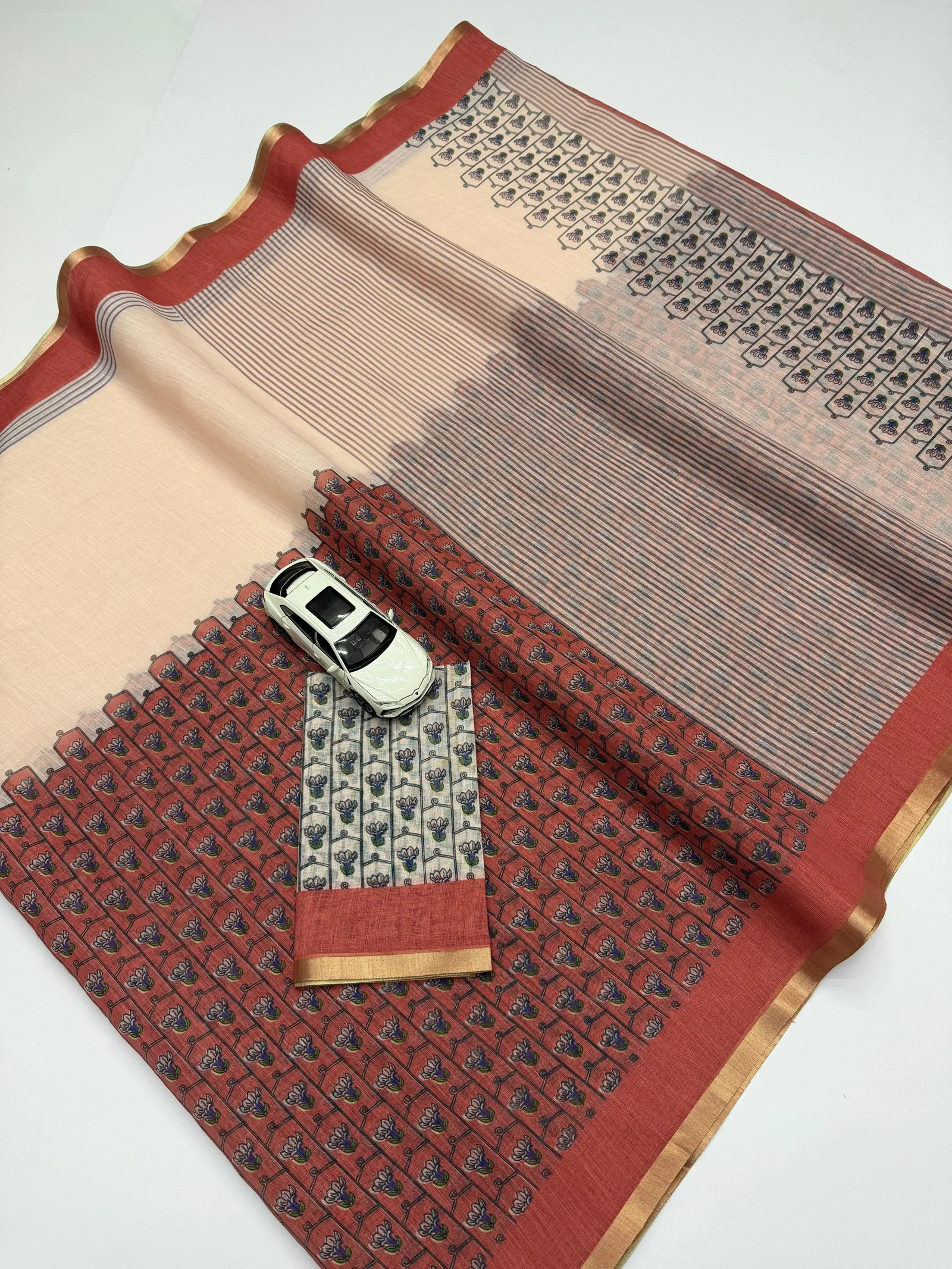 SF MG645 Soft Linen Gold Zari Border Saree