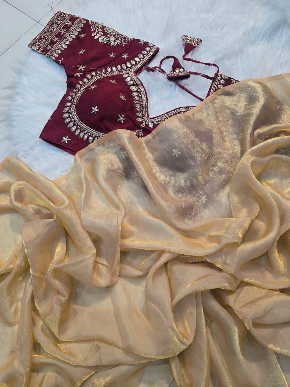 SF Glossy Space Silk Saree With Sequence Emrodairy Full Stiched Worked Blouse