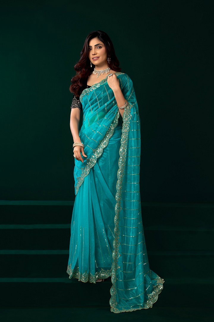 Meera 331 Party Wear Sequence Embroidery Worked Net Saree with Un Stitched Blouse