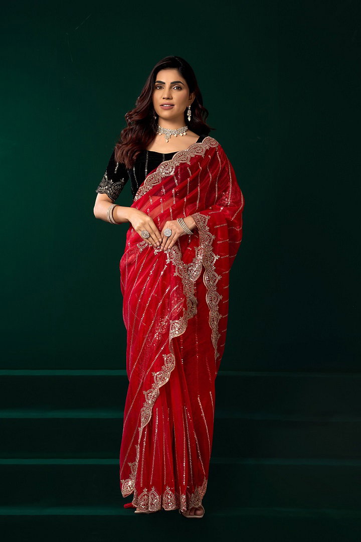 Meera 331 Party Wear Sequence Embroidery Worked Net Saree with Un Stitched Blouse