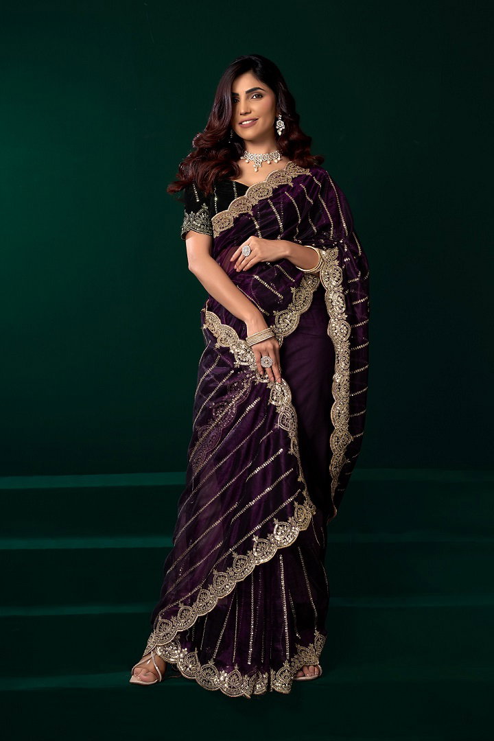 Meera 331 Party Wear Sequence Embroidery Worked Net Saree with Un Stitched Blouse
