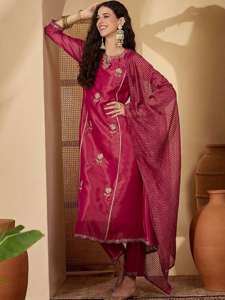 Navya Kurti 228 Party Wear Embroidery Worked Shimmer Silk Blend Top with Pant and Dupatta Set