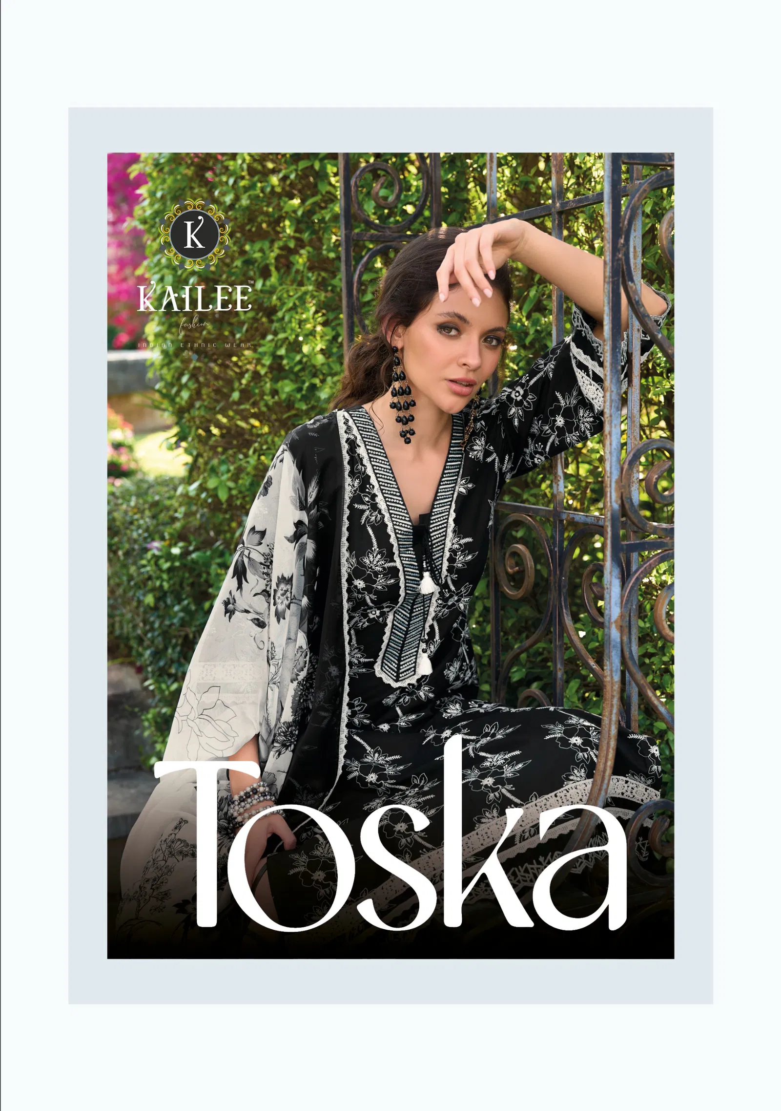 Kailee Toska Black And White Cotton Thread Worked Kurti With Bottom Dupatta