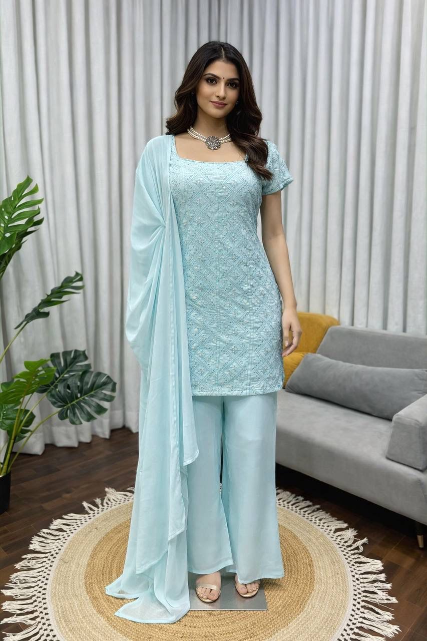 NCO 94 HST Heavy Faux Georgette Chine Sequins Work Top Sharara With Dupatta