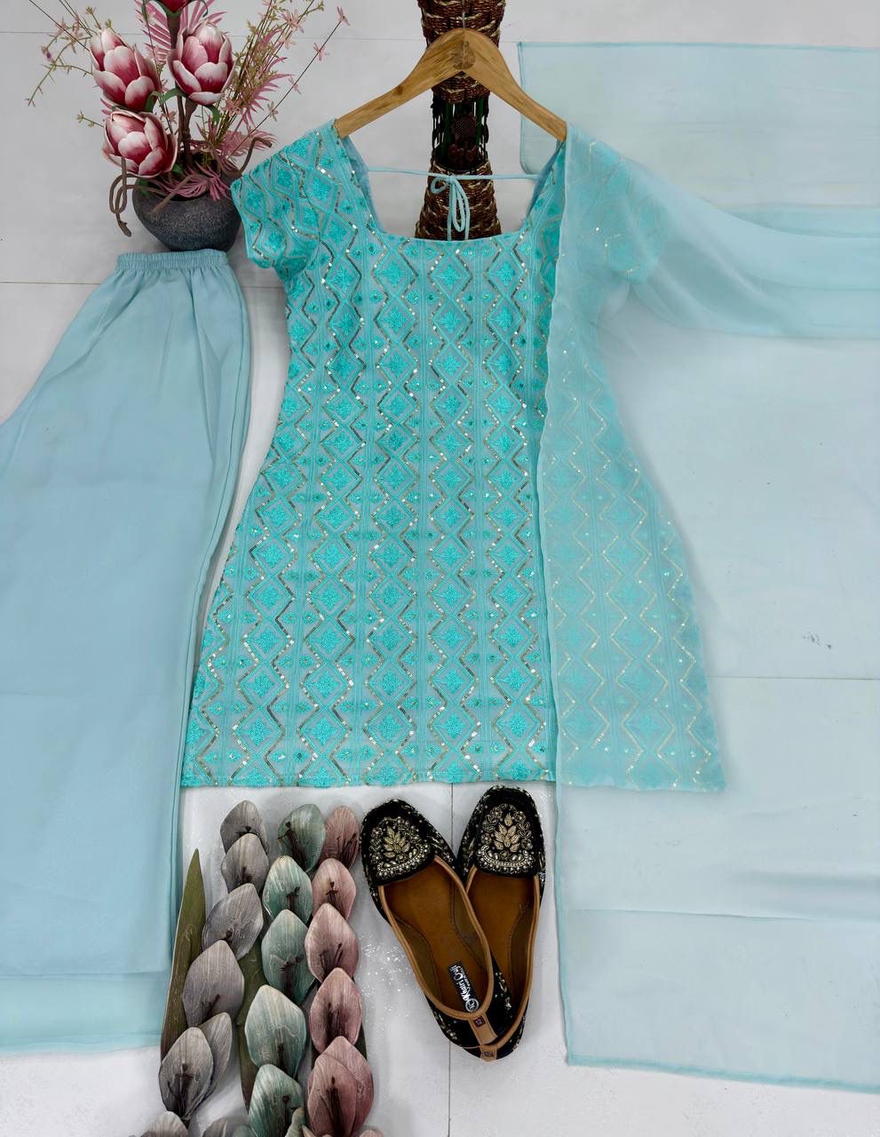 NCO 94 HST Heavy Faux Georgette Chine Sequins Work Top Sharara With Dupatta